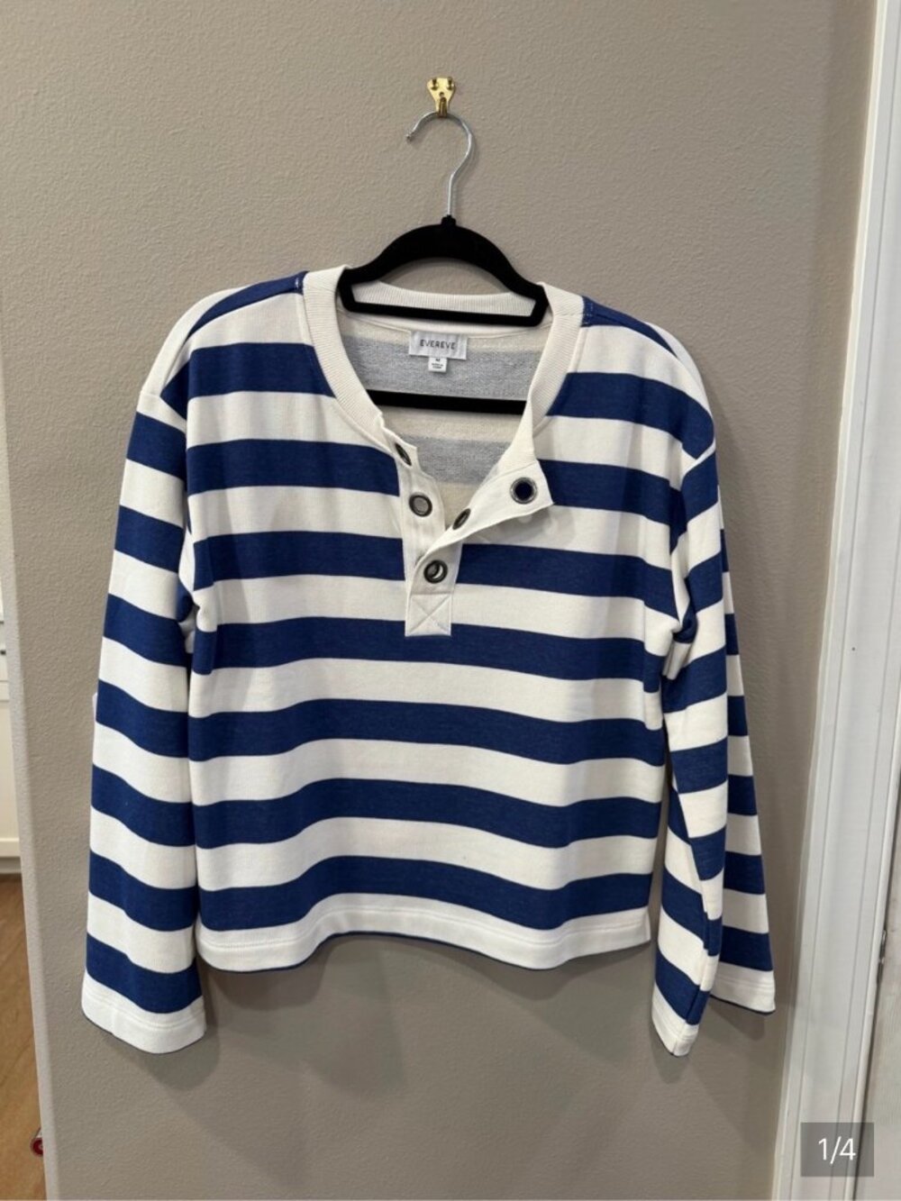 Evereve Blue & White Striped Henley top. NWOT Size M